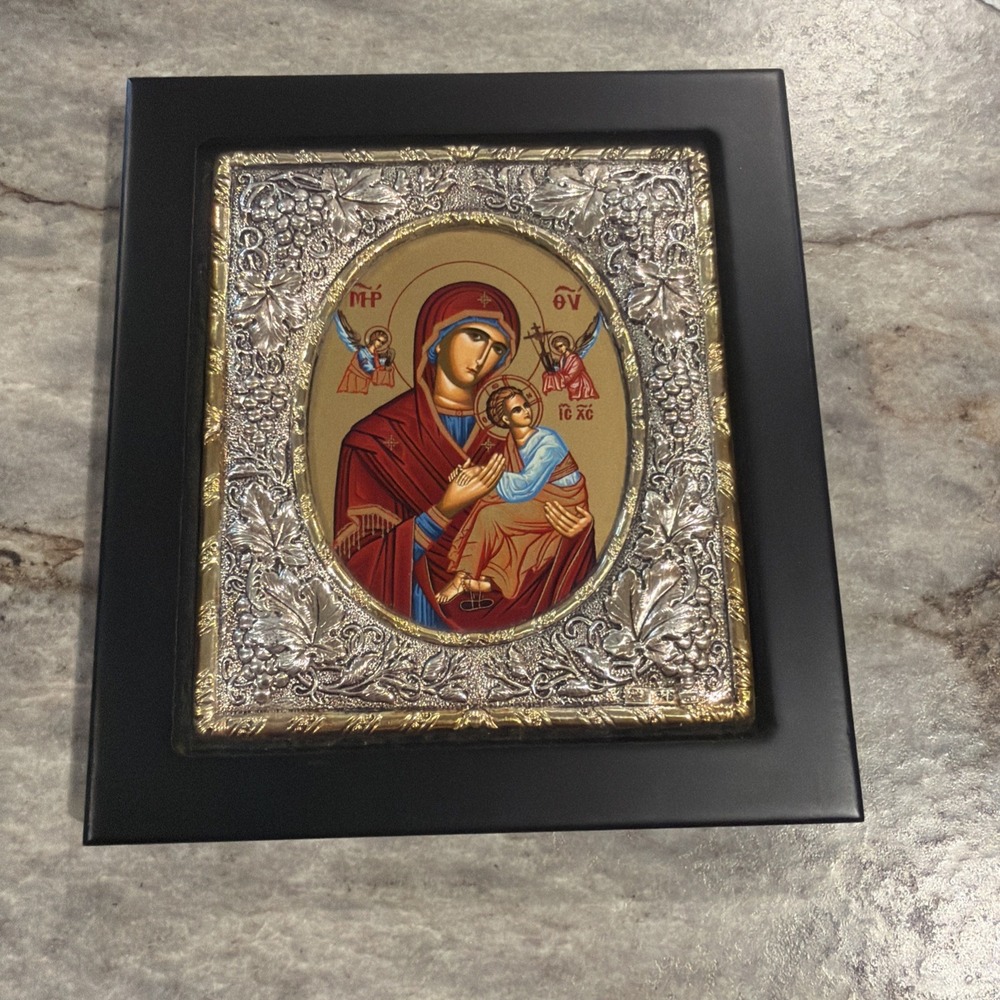 Vtg CLARTE 925 Sterling Silver Byzantine Greek Icon Virgin Mary Christ Child